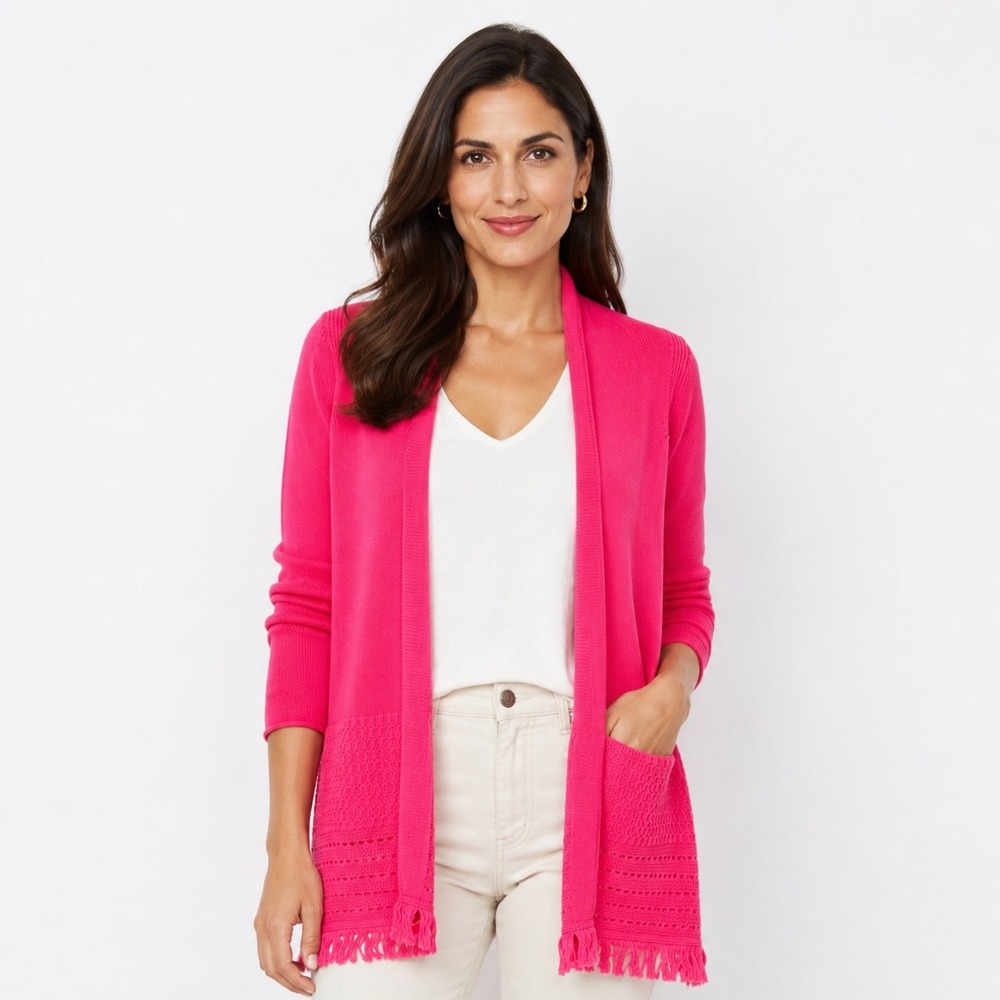 Lilly Pulitzer Noble Pink Open Front Fringe Hem Cardigan Sweater XXS